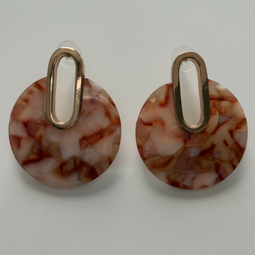 Marbled Round Resin Drop Earrings in Cream & Brown